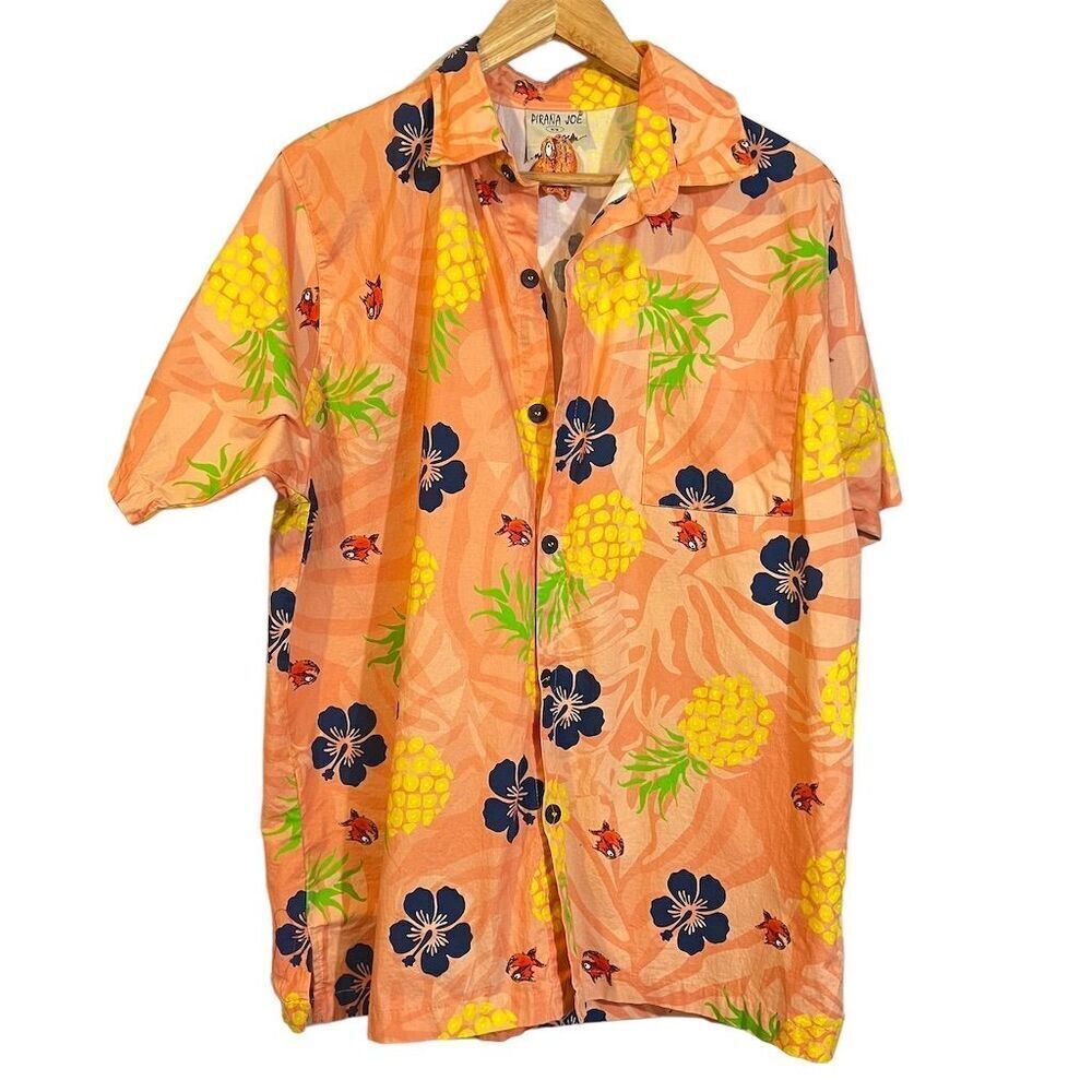 Pirana Joe Hawaiian Shirt Orange Pineapple Floral Print Short Sleeve M‎ Coastal